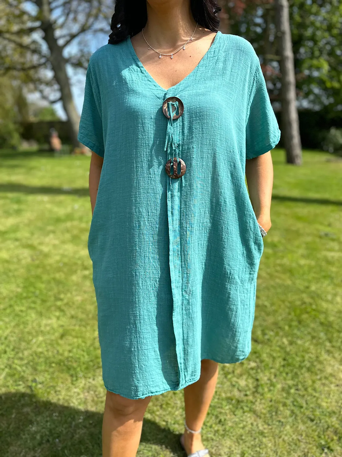 V Neck Teal Button Tunic Sandra