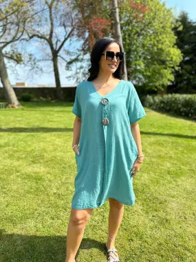 V Neck Teal Button Tunic Sandra