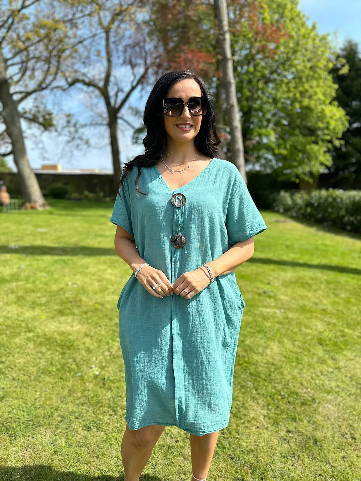 V Neck Teal Button Tunic Sandra