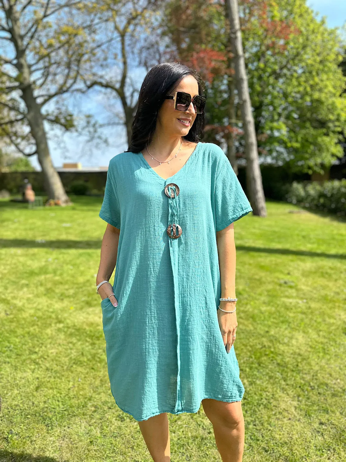 V Neck Teal Button Tunic Sandra