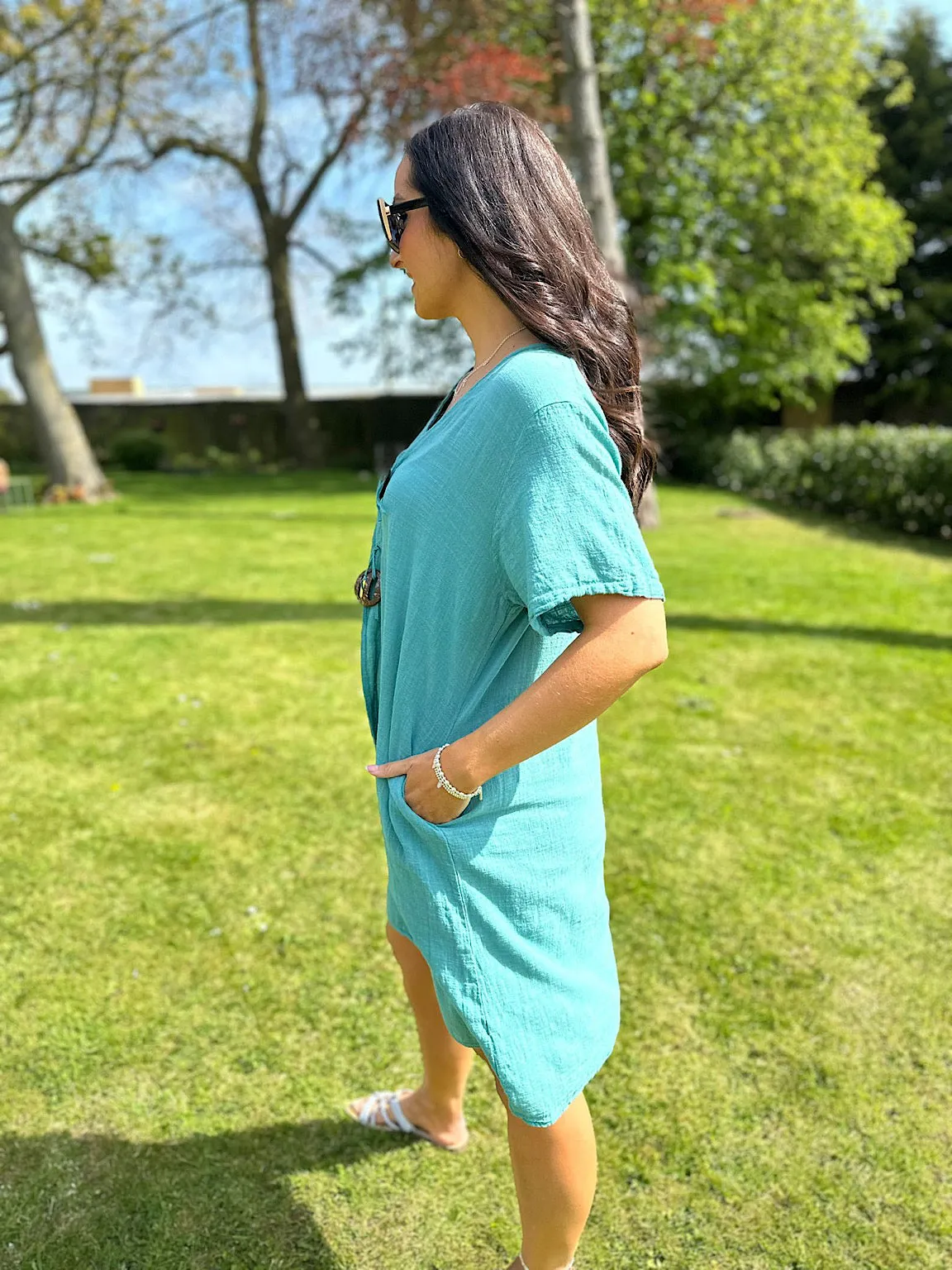 V Neck Teal Button Tunic Sandra