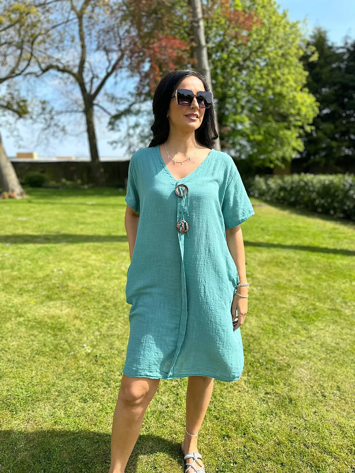 V Neck Teal Button Tunic Sandra