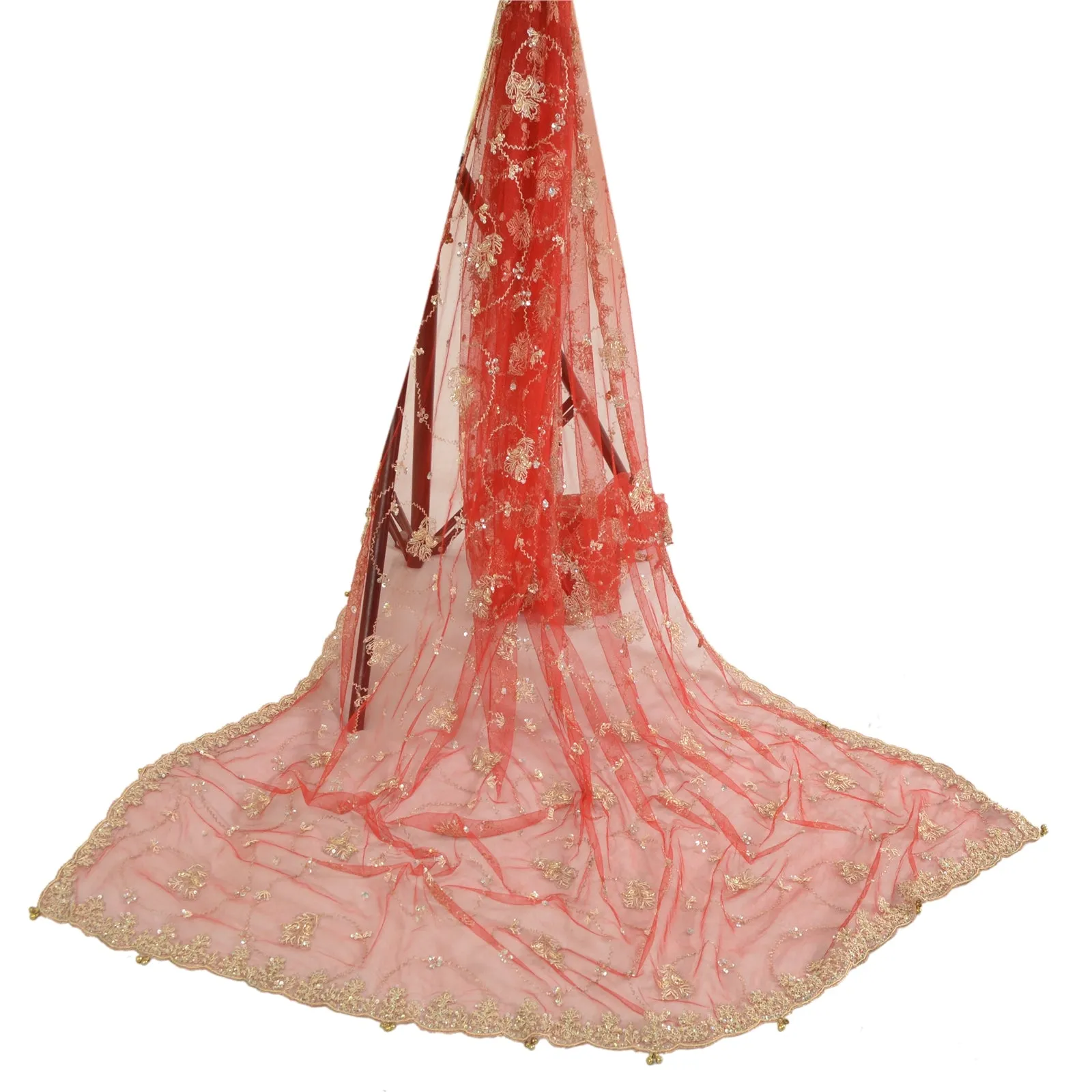 Vintage Red Long Dupatta Stole | Hand Beaded Net Mesh Veil Wrap Scarf