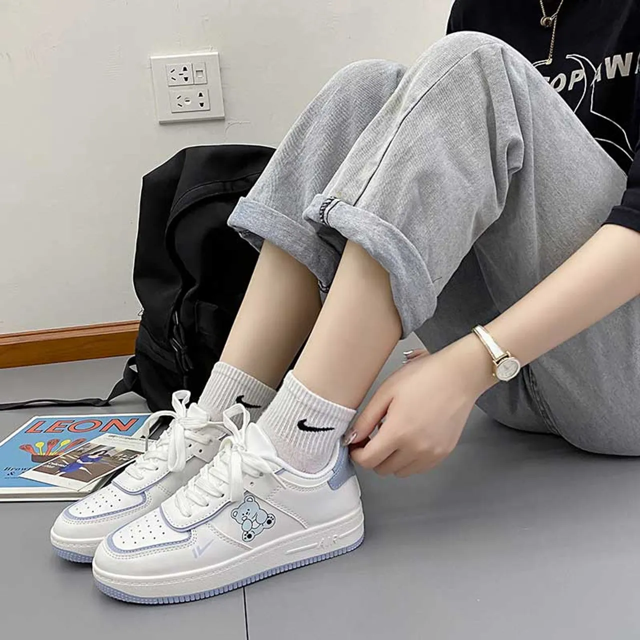 Anime Bear Pattern Blue White Sneaker Casual Shoe