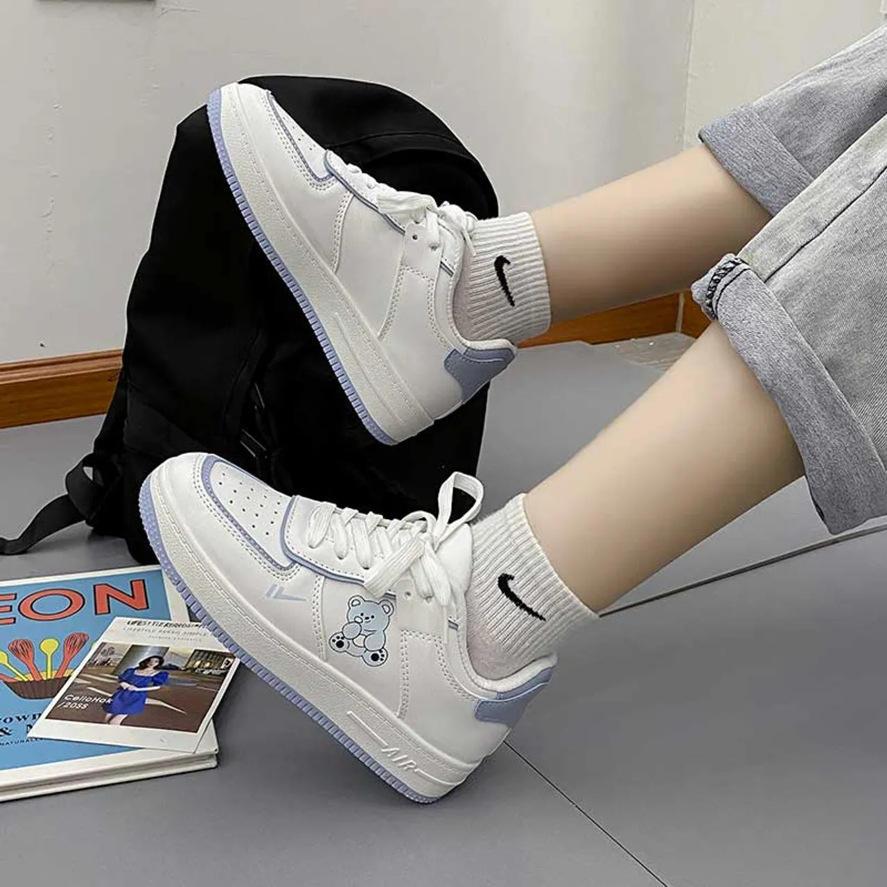 Anime Bear Pattern Blue White Sneaker Casual Shoe