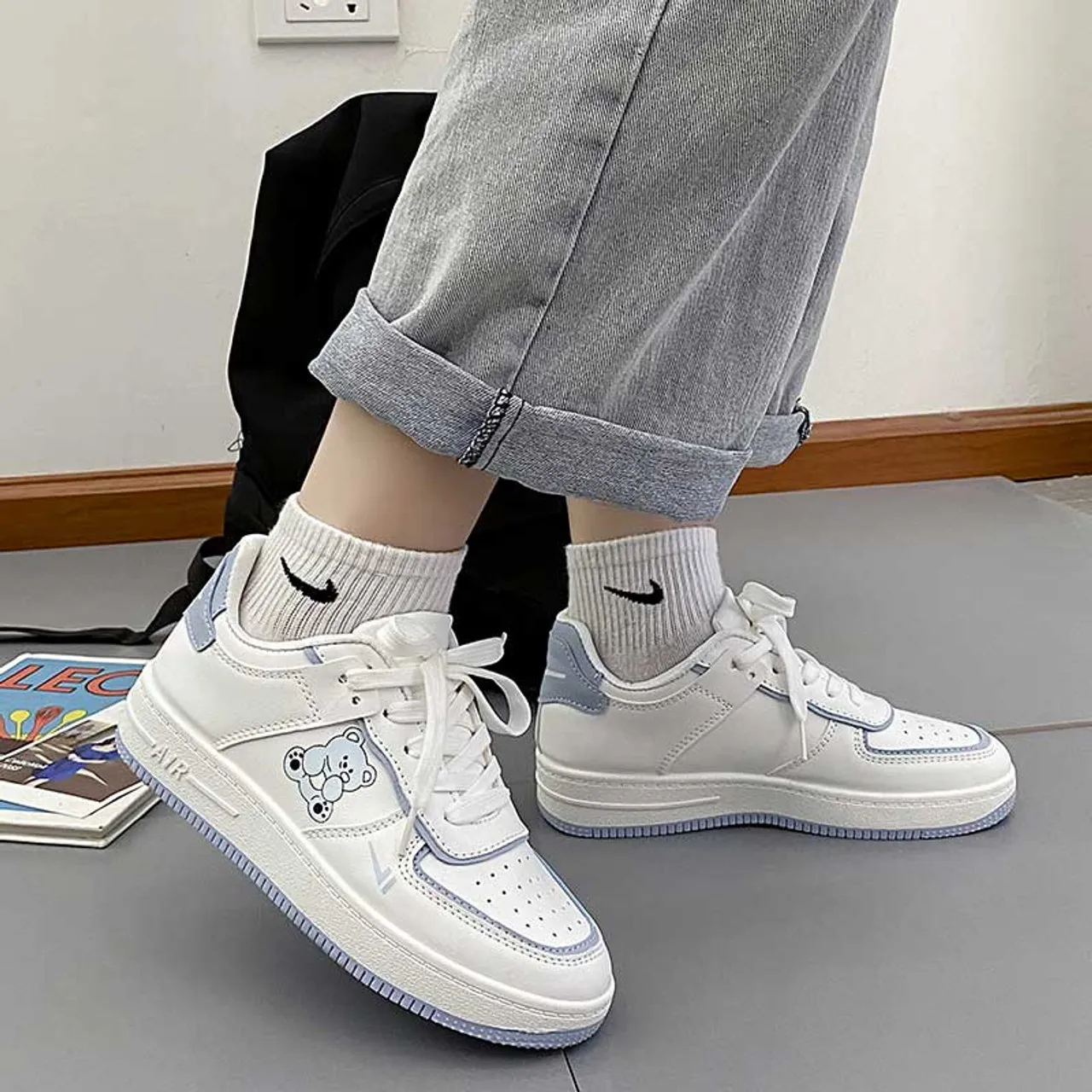 Anime Bear Pattern Blue White Sneaker Casual Shoe