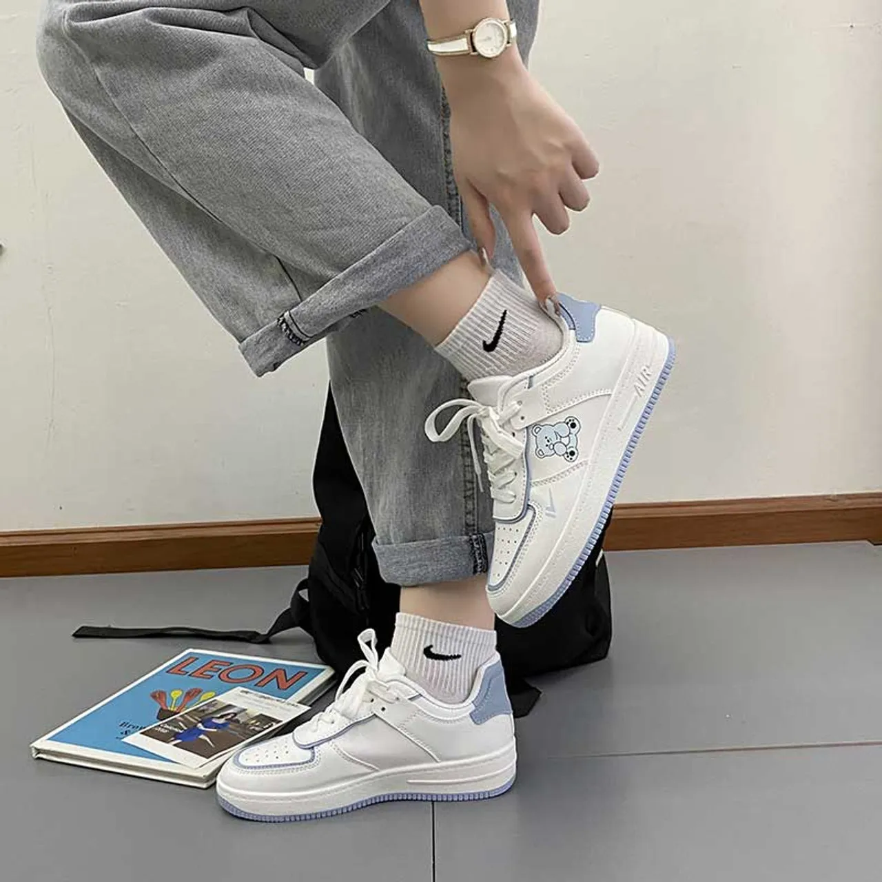 Anime Bear Pattern Blue White Sneaker Casual Shoe