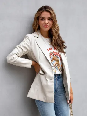 White Faux Leather Blazer Jacket Solid Color Casual Outerwear For Women