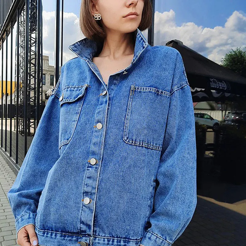 Winter Blue Jean Oversized Denim Jacket with Big Pockets.