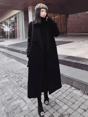 Winter Coat Women Black Full Length Lapel Pockets Classic Coat.