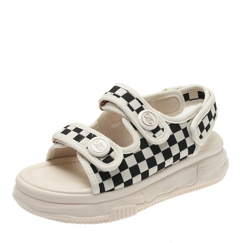 Women Black and White Check Sandals