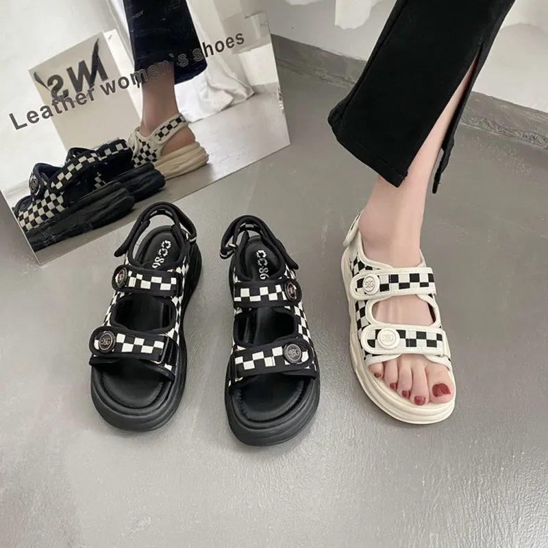 Women Black and White Check Sandals