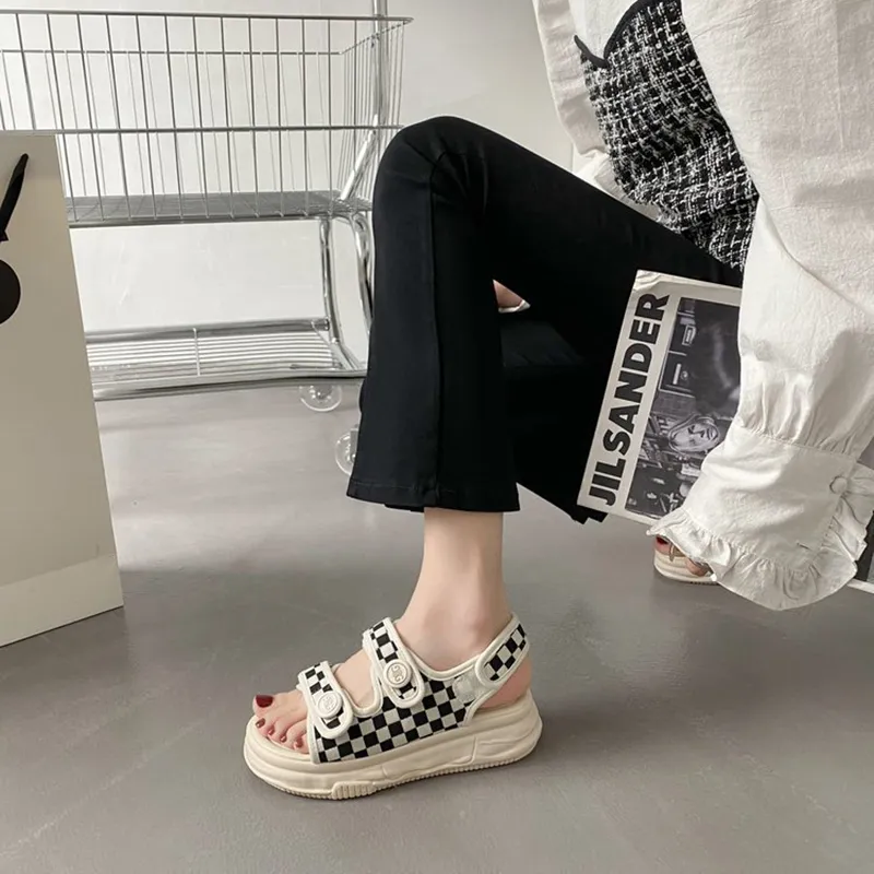 Women Black and White Check Sandals