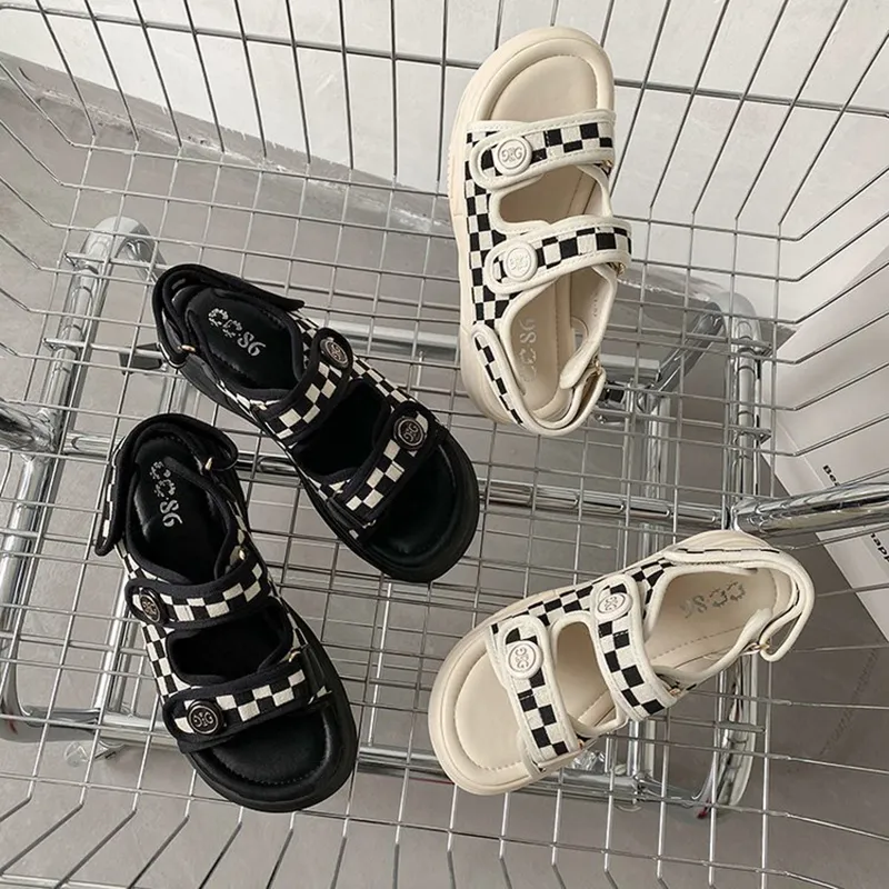 Women Black and White Check Sandals