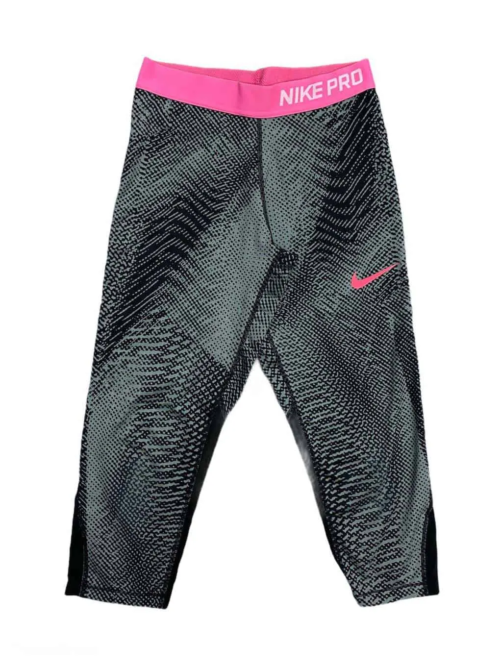 Women's Nike Pro 3/4 Length Leggings, Pink Waistband, Abstract Grey and Black Design - XS/S