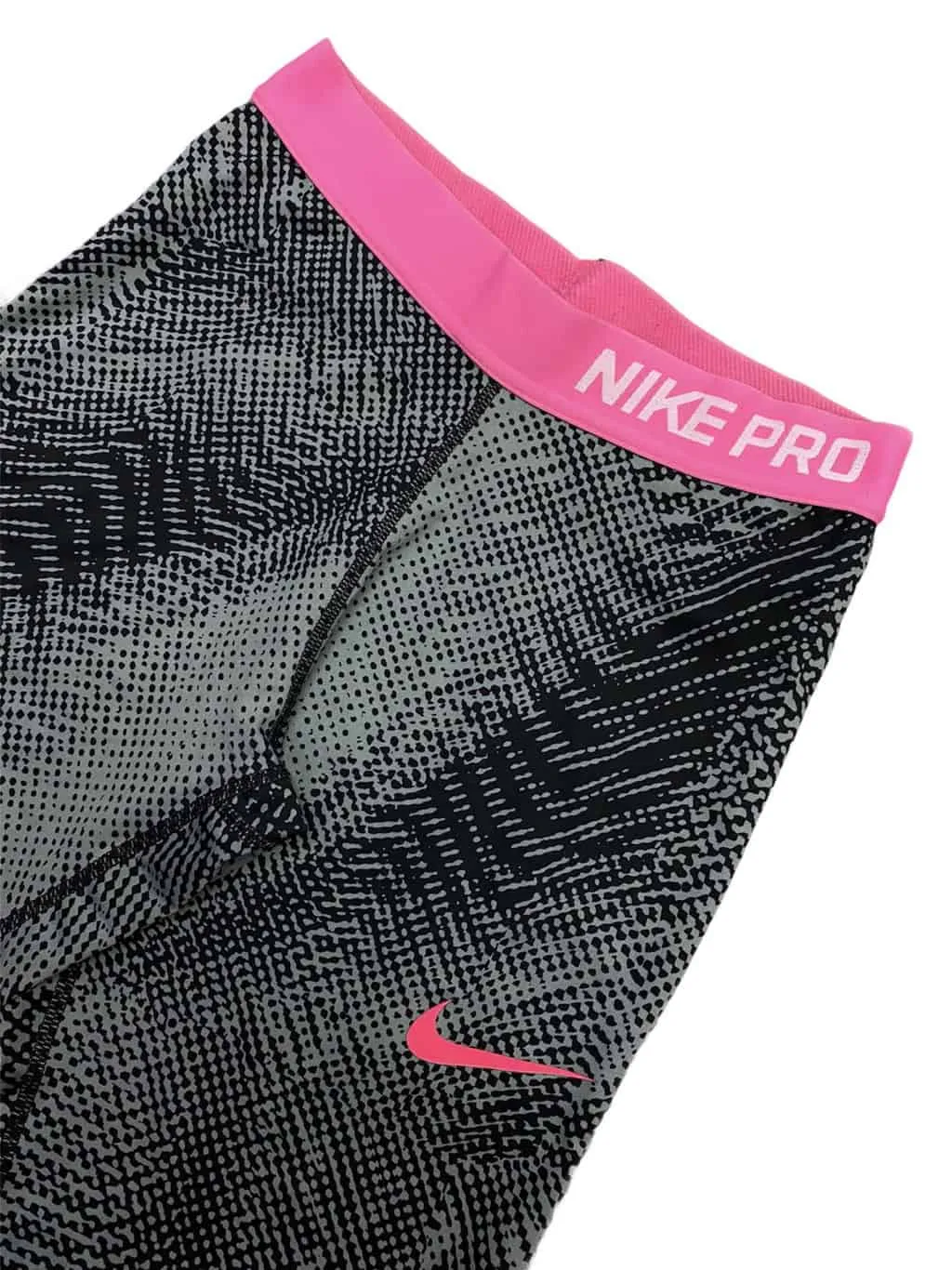 Women's Nike Pro 3/4 Length Leggings, Pink Waistband, Abstract Grey and Black Design - XS/S