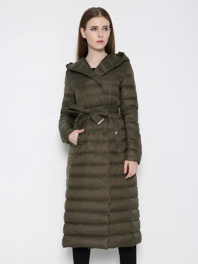 Women's Belted Quilted Down Coat with Hood for Winter Outerwear