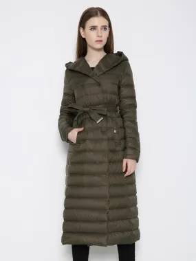 Women's Belted Quilted Down Coat with Hood for Winter Outerwear