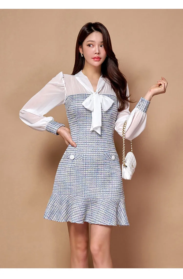 Women's Patchwork Lace-up Bow Vintage Dress