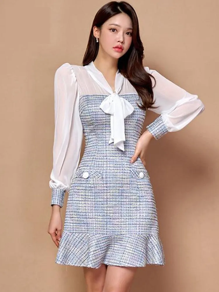 Women's Patchwork Lace-up Bow Vintage Dress