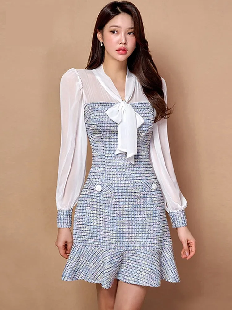 Women's Patchwork Lace-up Bow Vintage Dress