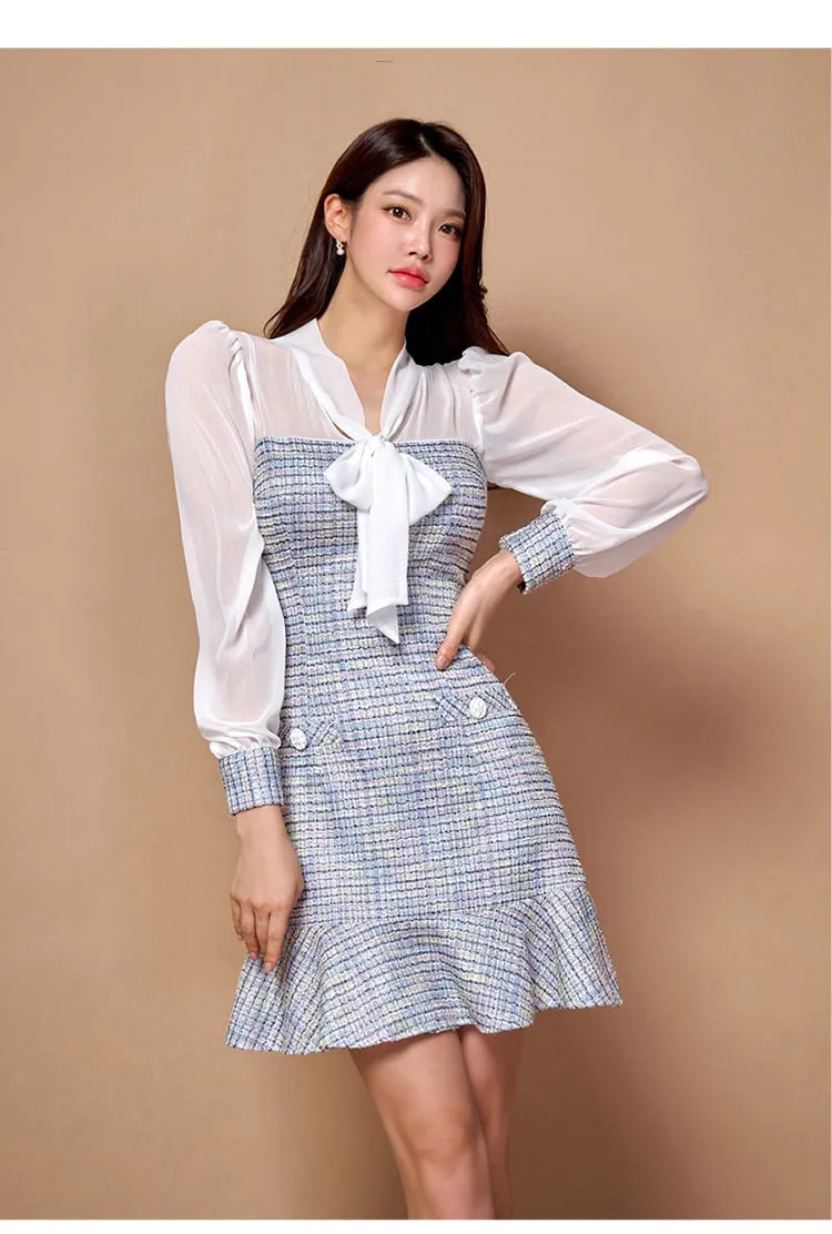 Women's Patchwork Lace-up Bow Vintage Dress