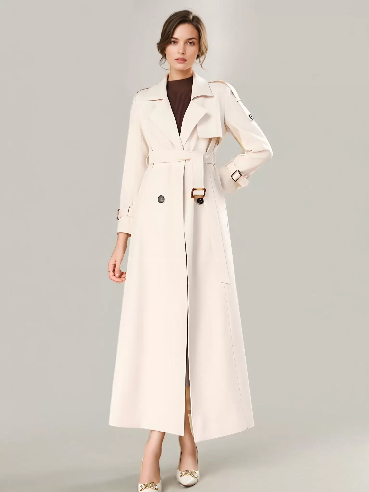 Women's Modern Trench Coat with Turndown Collar and Full-Length Button Closure