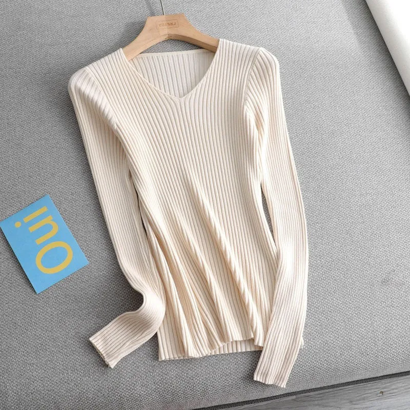 Women's V-Neck Knit Sweater Pullover - Solid Color