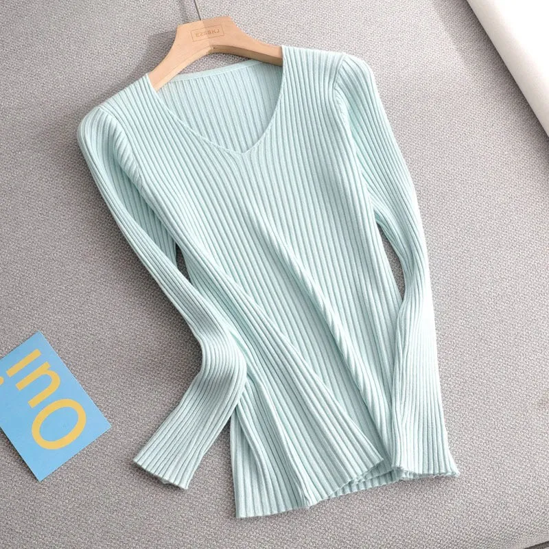 Women's V-Neck Knit Sweater Pullover - Solid Color