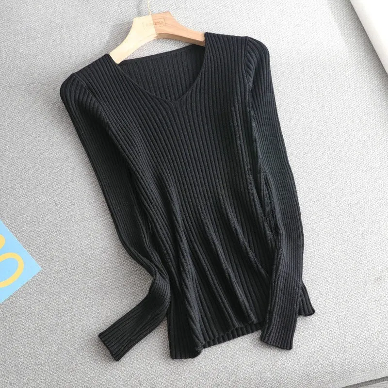 Women's V-Neck Knit Sweater Pullover - Solid Color