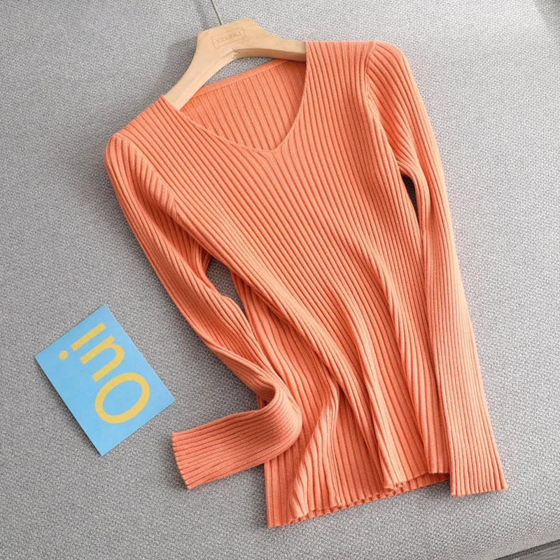 Women's V-Neck Knit Sweater Pullover - Solid Color