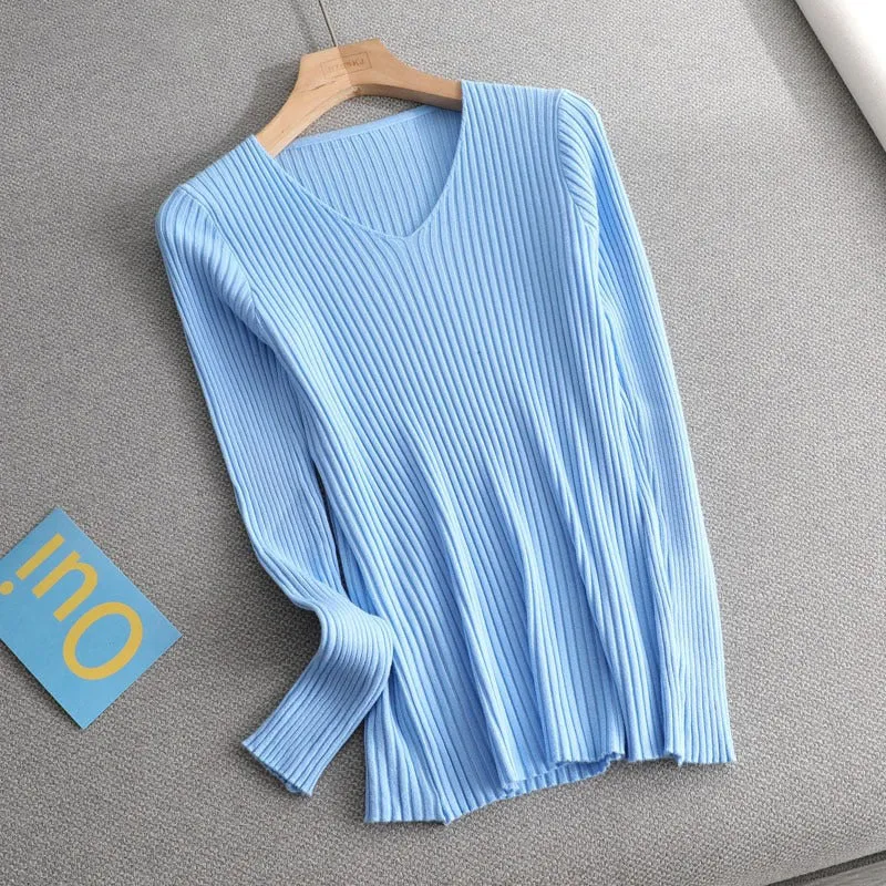 Women's V-Neck Knit Sweater Pullover - Solid Color