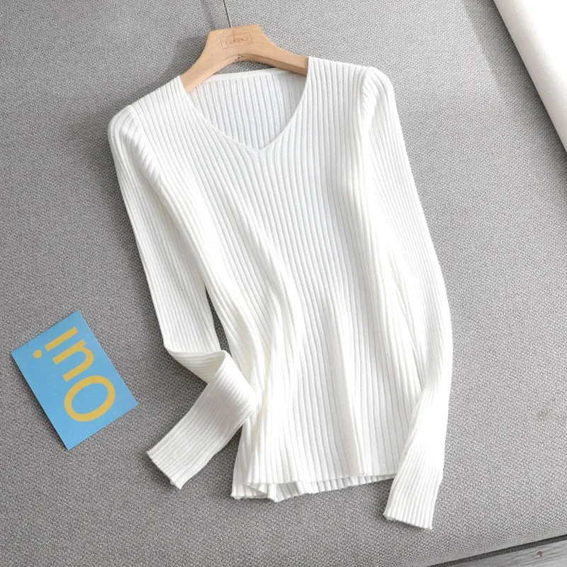 Women's V-Neck Knit Sweater Pullover - Solid Color