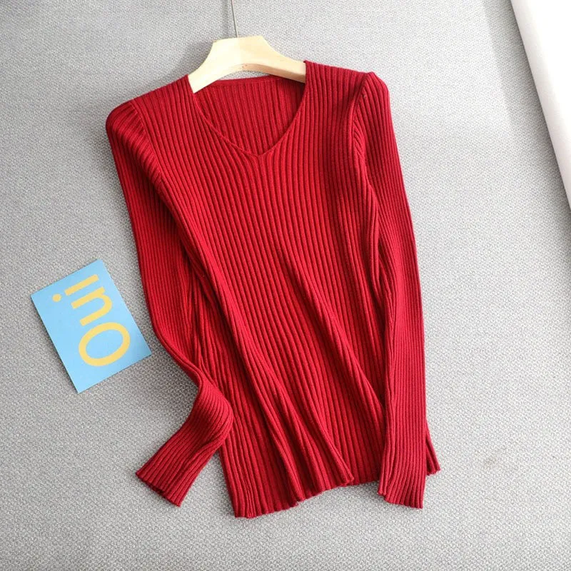 Women's V-Neck Knit Sweater Pullover - Solid Color