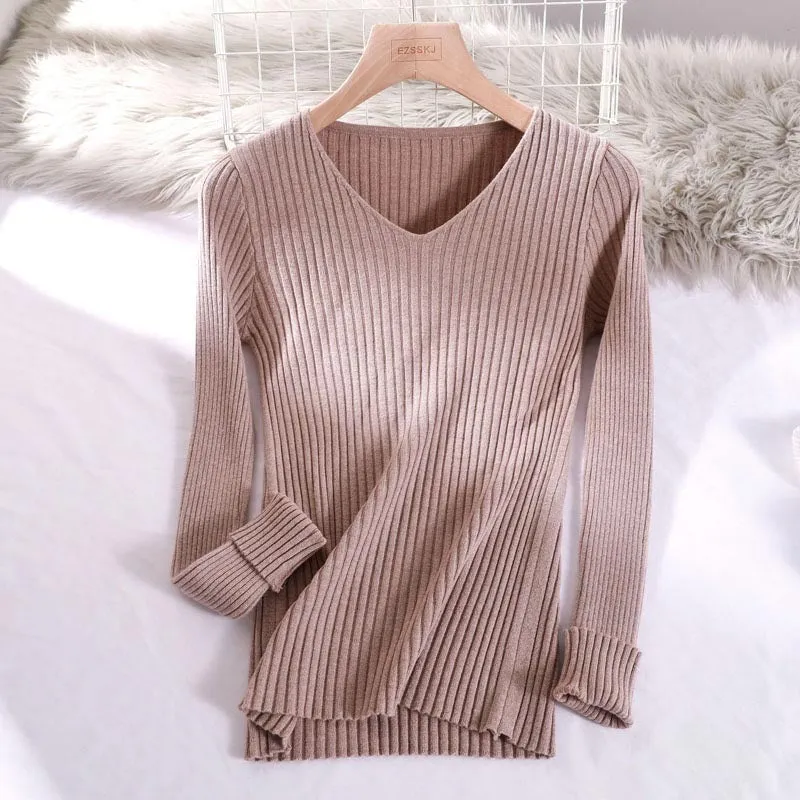 Women's V-Neck Knit Sweater Pullover - Solid Color