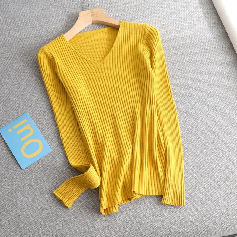 Women's V-Neck Knit Sweater Pullover - Solid Color