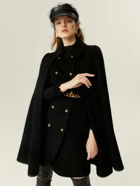 Women's Wool Poncho Coat with Double Breasted Closure and Chain Belt